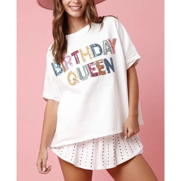 Unbranded Tops - Birthday Queen Oversized White Shirt Sequins NWOT